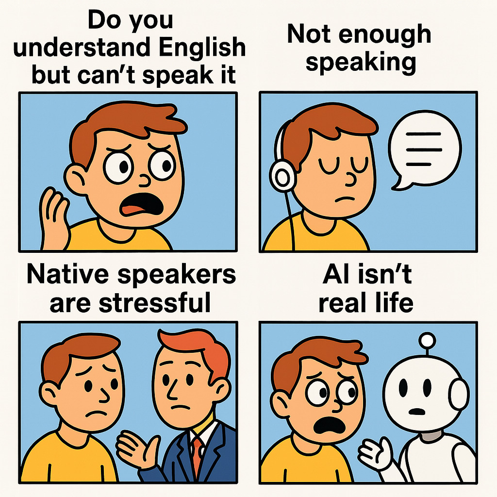 Common English learning problems: understanding but not speaking, not enough practice, stressful native speakers, AI limitations